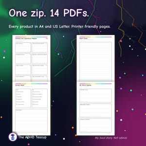 May include: A digital planner set containing 14 PDF pages in A4 and US Letter sizes. The pages feature sections titled Interest and Hyperfocus Mapper, Sunday Reset, Brain Dump, and My Storm Signals with text and checkboxes for organization.