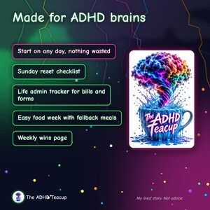 Puede incluir: Un planificador digital titulado Made for ADHD brains que presenta una lista de caracter&iacute;sticas que incluyen Start on any day, nothing wasted, Sunday reset checklist, Life admin tracker, Easy food week y Weekly wins page con un gr&aacute;fico cerebral colorido.