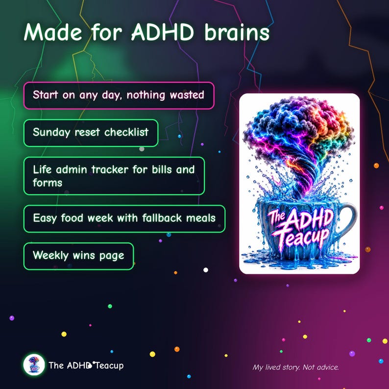 Puede incluir: Un planificador digital titulado Made for ADHD brains que presenta una lista de caracter&iacute;sticas que incluyen Start on any day, nothing wasted, Sunday reset checklist, Life admin tracker, Easy food week y Weekly wins page con un gr&aacute;fico cerebral colorido.