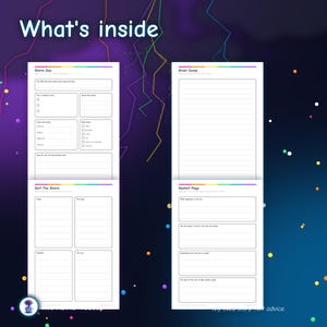 May include: Four white planner pages with black text and rainbow-colored top borders. The pages are titled Storm Day, Brain Dump, Sort The Storm, and Restart Page. Each page contains various sections, checkboxes, and lines for writing notes.