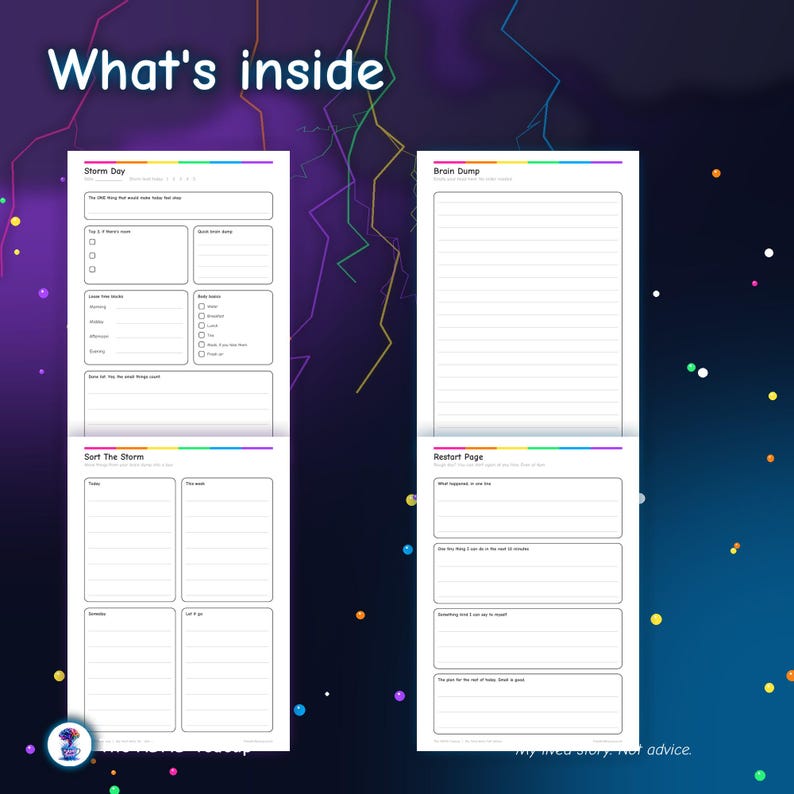 May include: Four white planner pages with black text and rainbow-colored top borders. The pages are titled Storm Day, Brain Dump, Sort The Storm, and Restart Page. Each page contains various sections, checkboxes, and lines for writing notes.
