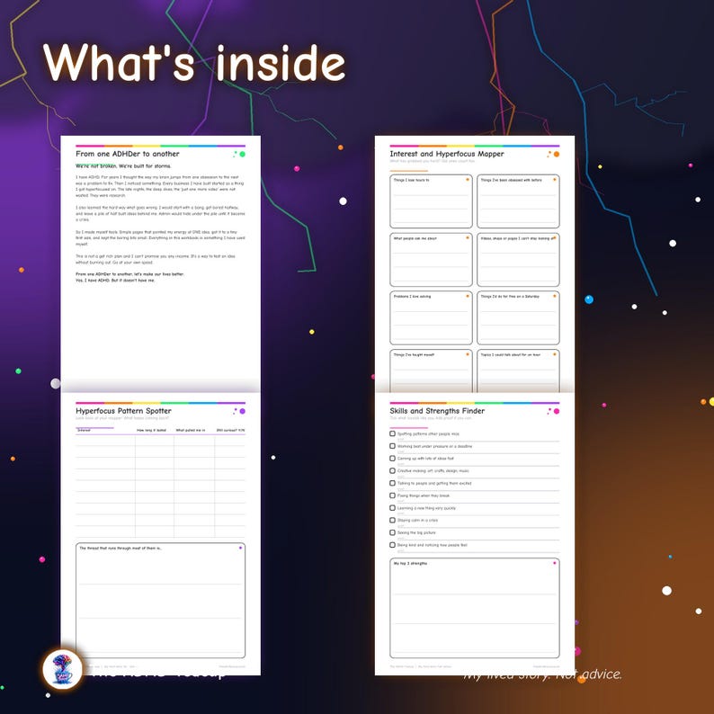 May include: A set of four white planner pages with black text and rainbow-colored top borders. The pages are titled What's inside, From one ADHDer to another, Interest and Hyperfocus Mapper, Hyperfocus Pattern Spotter, and Skills and Strengths Finder.