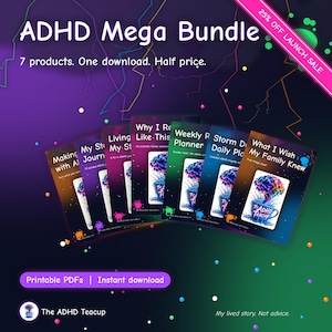 Puede incluir: Un conjunto de productos digitales ADHD Mega Bundle que incluye siete guías y planificadores PDF imprimibles. Las portadas muestran un gráfico de cerebro colorido en una taza de té con texto que incluye Why I Like This, Weekly Planner, Storm Daily Plan y What I Wish My Family Knew.