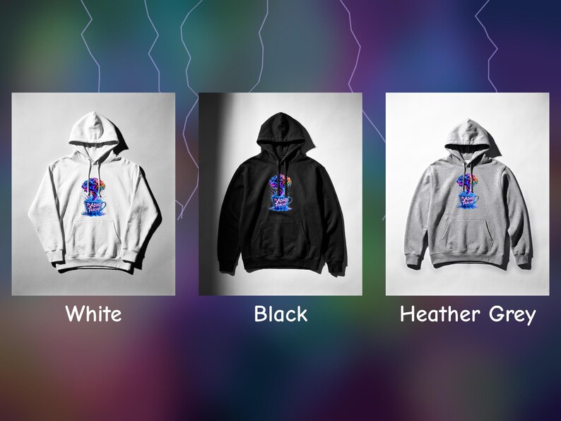 Peut inclure: Trois sweats &agrave; capuche en blanc, noir et gris chin&eacute;. Chacun pr&eacute;sente un motif central d'un cerveau color&eacute; sortant d'une tasse de caf&eacute; avec le texte "ADHD Brain" imprim&eacute; sur la tasse. Les sweats incluent des manches longues, une poche kangourou et une capuche &agrave; cordon.