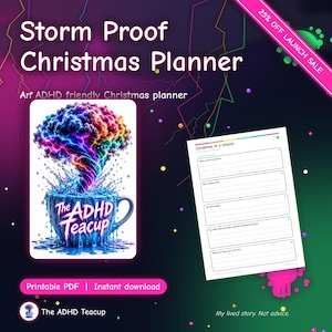 Puede incluir: Un planificador navideño digital Storm Proof con una nube de tormenta colorida y arremolinada que emerge de una taza azul etiquetada The ADHD Teacup. El planificador incluye una página Christmas at a Glance con secciones rayadas.