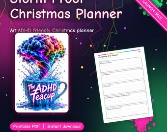 May include: A digital Storm Proof Christmas Planner with a colorful, swirling storm cloud emerging from a blue teacup labeled The ADHD Teacup. The planner includes a Christmas at a Glance page with lined sections for holiday planning and organization.