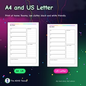 Puede incluir: Dos plantillas de planificador semanal blancas etiquetadas como A4 y US Letter. Cada p&aacute;gina presenta un encabezado My Week, secciones diarias de lunes a domingo, casillas para tareas Must happen y Nice if happens, y una secci&oacute;n This week I'm letting go of.