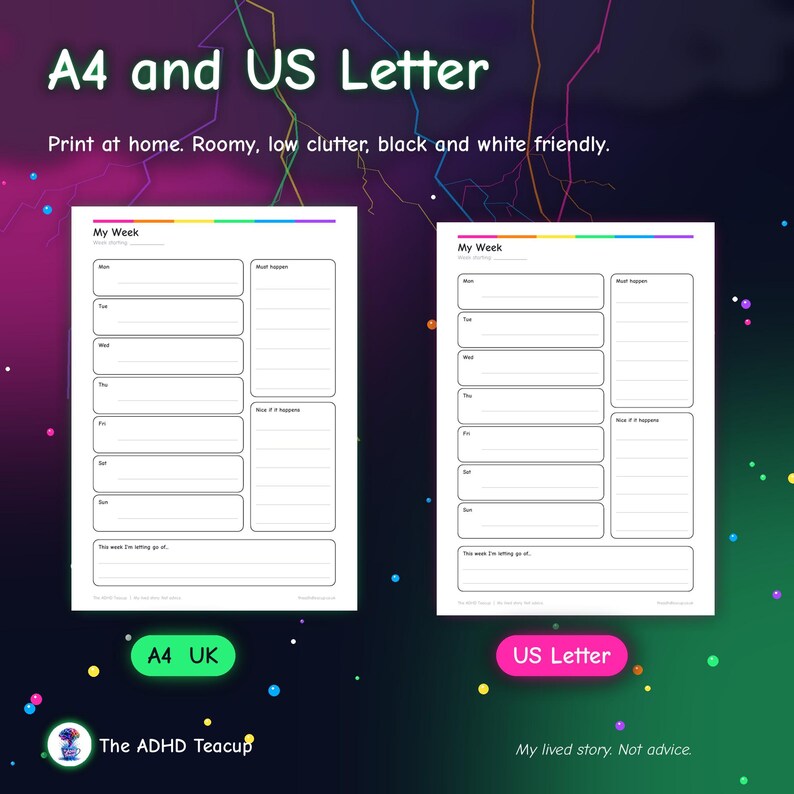 Puede incluir: Dos plantillas de planificador semanal blancas etiquetadas como A4 y US Letter. Cada p&aacute;gina presenta un encabezado My Week, secciones diarias de lunes a domingo, casillas para tareas Must happen y Nice if happens, y una secci&oacute;n This week I'm letting go of.