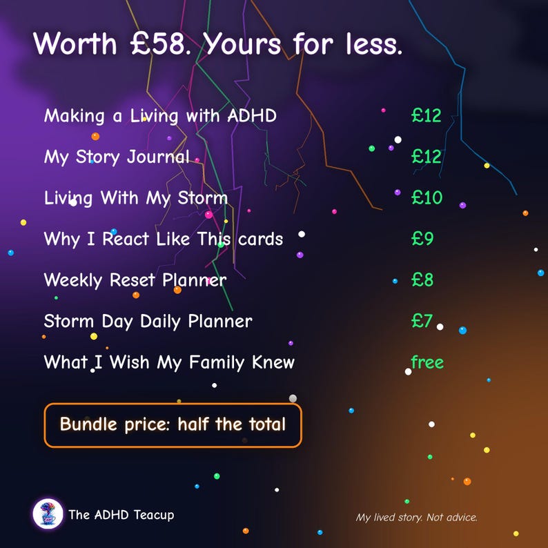 May include: A digital graphic with a purple and orange gradient background featuring lightning bolts and colorful dots. Text lists items: Making a Living with ADHD, My Story Journal, Living With My Storm, Why I React Like This cards, Weekly Reset Planner, Storm Day Daily Planner, and What I Wish My Family Knew, with prices in pounds and a bundle offer.