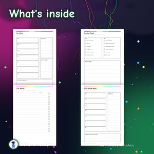 Puede incluir: Cuatro p&aacute;ginas de planificador blancas con texto negro y encabezados de arco&iacute;ris. Las p&aacute;ginas se titulan My Week, Sunday Reset, Life Admin y Easy Food Week. Cada p&aacute;gina presenta secciones organizadas, listas de verificaci&oacute;n y l&iacute;neas.