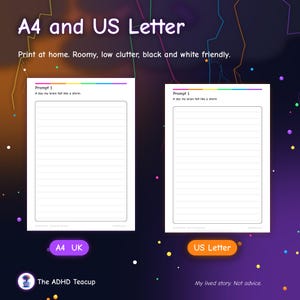 Pu&ograve; includere: Due pagine di diario stampabili nei formati A4 e US Letter. Ogni pagina presenta un'intestazione con il testo Prompt 1 e A day my brain felt like a storm, seguita da un'ampia area vuota con linee orizzontali per scrivere appunti.