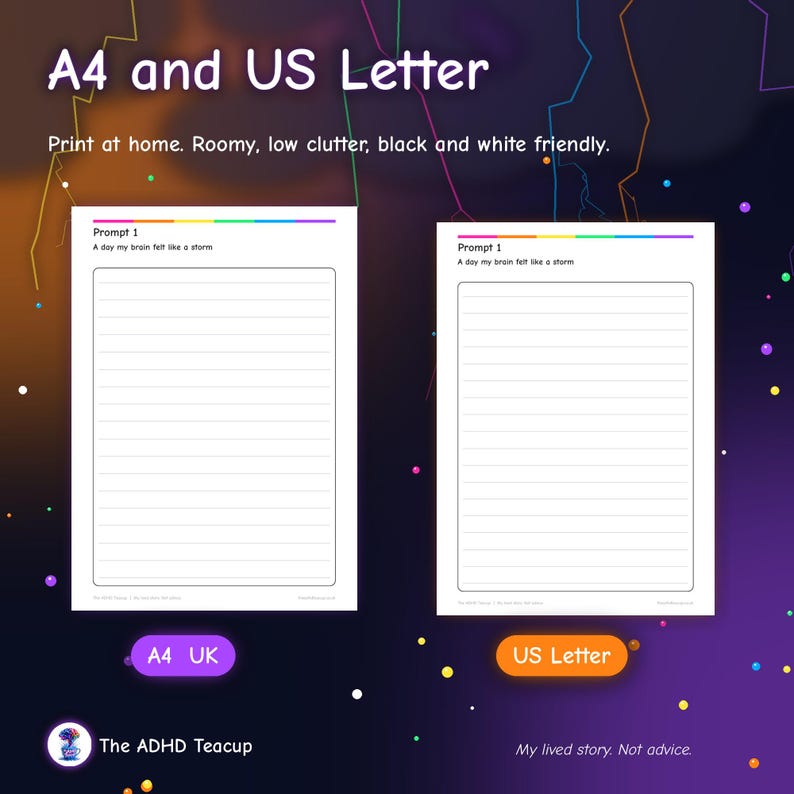Pu&ograve; includere: Due pagine di diario stampabili nei formati A4 e US Letter. Ogni pagina presenta un'intestazione con il testo Prompt 1 e A day my brain felt like a storm, seguita da un'ampia area vuota con linee orizzontali per scrivere appunti.