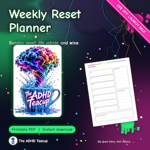 Puede incluir: Un planificador semanal en PDF imprimible con un gráfico de una taza azul con una nube colorida en forma de cerebro encima, etiquetada como The ADHD Teacup. La página del planificador incluye secciones para tareas diarias, objetivos y prioridades.
