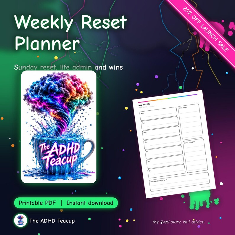 Puede incluir: Un planificador semanal en PDF imprimible con un gr&aacute;fico de una taza azul con una nube colorida en forma de cerebro encima, etiquetada como The ADHD Teacup. La p&aacute;gina del planificador incluye secciones para tareas diarias, objetivos y prioridades.