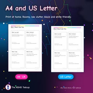May include: Two printable worksheets titled Why I React Like This, available in A4 and US Letter sizes. Each page features four sections with prompts for When I go quiet, When I interrupt, When I snap, and When I'm late, including space for written responses.