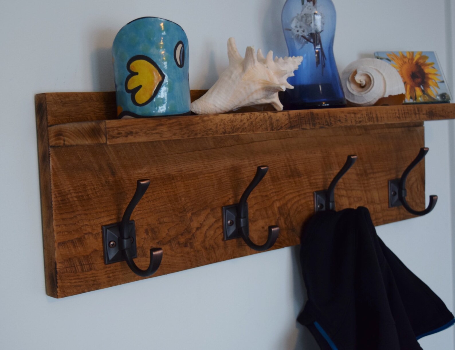Reclaimed Barn Wood Coat Towel Rack Floating Shelf 4 Hooks Etsy