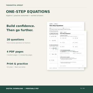 Arbetsblad med ekvationer i ett steg med facit, algebra 1 övning, utskrivbar PDF
