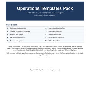 Könnte beinhalten: Ein digitales Dokument mit dem Titel Operations Templates Pack von Bright Page Books. Es listet zehn Management-Vorlagen auf, darunter eine tägliche Betriebs-Checkliste und einen 90-Tage-Aktionsplan auf einer Seite im Format 21,59 mal 27,94 cm.