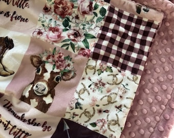 Personalized Minky Blanket, Cowgirl Shower Gift, Floral Farm Baby Girl Blanket