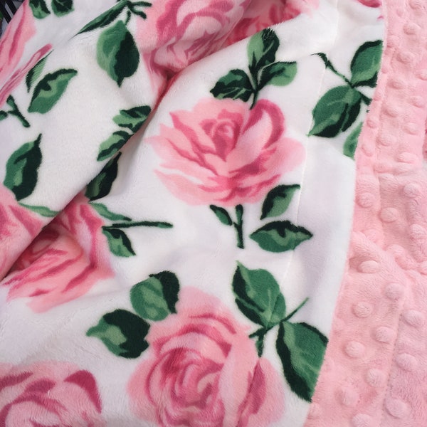 Pink Rose Baby Girl Blanket Personalized, Floral Print Baby Nursery, Crib Blanket, Infant Blanket Size 29 x 36 in