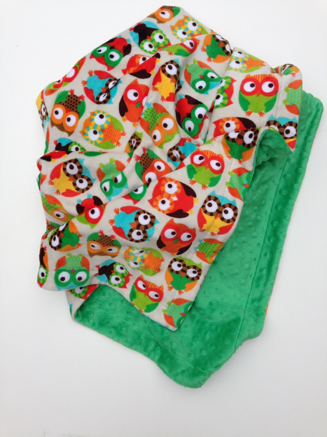 Owl Print Minky Baby Blanket: Green Dot Crib Blanket (36 x 45 inch)