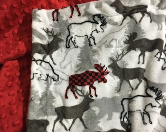 Minky Baby Blanket, Bufffalo Check Gray and Red Blanket, Moose, Woodland Theme Blanket, Rustic Baby Nursery, Minky Blanket,  29 x 36 Inches