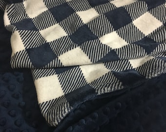 Buffalo Check Personalized Adult Minky Blanket, Plaid Navy and White, Minky Throw Blanket, Buffalo Check Throw Blanket