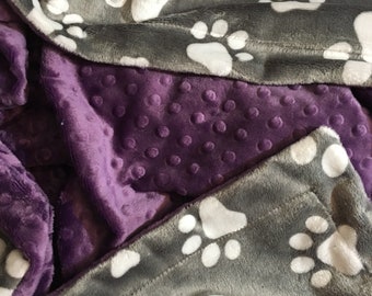 Paw Print Minky Blanket: Gray Dog Blanket, Adult Throw (50x58 inch)