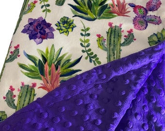 Succulent Print Minky Blanket, Purple Throw Blanket, Cactus Minky Throw, Adult Minky Blanket