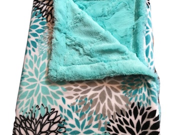 Personalized, Teal and Black Minky Baby Blanket, Floral, Car Seat or Stroller Blanket, Baby Boy or Baby Girl Minky Blanket, 29 x 36 in