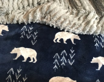 Personalized Bear Minky Baby Blanket, Polar Bear Print Baby Boy Blanket, Bear Blanket, Stroller Blanket, Size 29 x 36 Inches