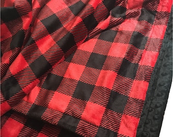 Buffalo Plaid Personalized Throw Blanket, Buffalo Check Minky Adult Blanket, Red and Black Woodland Dorm Room Blanket Size 50 x 60 in