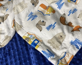 Personalized Minky Blanket, Camping Theme Baby Blanket, Vintage Camper, Woodland Animals