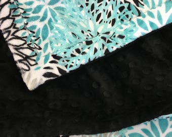 Personalized Teal Floral Minky Baby Blanket: 36 x 45 inch Crib Blanket