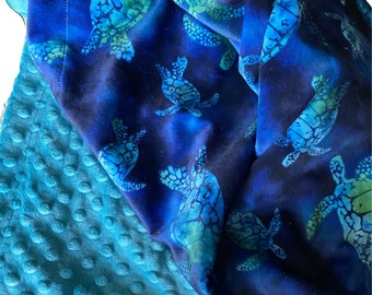 Personalized Minky Sea Turtle Baby Blanket: Royal Blue & Teal