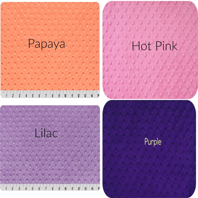 May include: Four fabric swatches in different colors: papaya, hot pink, lilac, and purple. Each swatch has a textured surface with small raised dots.