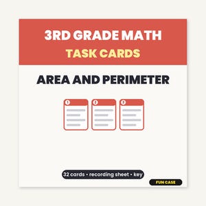 Könnte beinhalten: Ein Set von 3rd Grade Math Task Cards für Flächeninhalt und Umfang. Die rot-weiße Karte enthält den Text 3RD GRADE MATH TASK CARDS, AREA AND PERIMETER, 32 cards, recording sheet, key und FUN CASE sowie drei kleine Kartensymbole.
