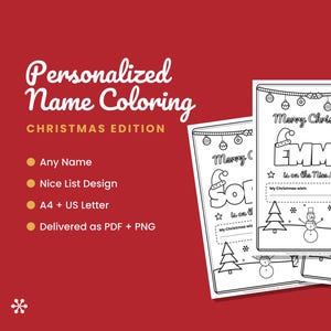 May include: Three black and white printable colouring pages featuring a Christmas theme. Each page displays the text Merry Christmas, a name, is on the Nice List, and My Christmas wish, with illustrations of ornaments, a snowman, and gifts.