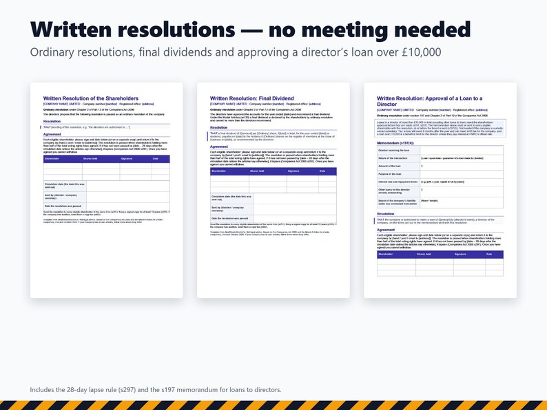 Modèle de procès-verbal de conseil d'administration (Royaume-Uni), Pack de résolutions d'entreprise, Procès-verbal de directeur unique, Bon de dividende, Résolution écrite, Modèle de document Word/PDF pour société à responsabilité limitée image 4