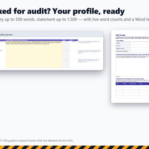 K&ouml;nnte beinhalten: Eine digitale Profilplaner-Schnittstelle und eine druckbare CPD-Profil-Dokumentvorlage. Der Text lautet: Picked for audit? Your profile, ready. Summary up to 500 words, statement up to 1,500 &mdash; with live word counts and a Word template.
