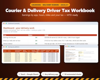 Tableau de calcul des impôts pour coursiers 2026/27, Suivi des kilomètres et des frais des chauffeurs-livreurs au Royaume-Uni, Revenus des livreurs indépendants, Fichiers Excel et Google Sheets compatibles MTD