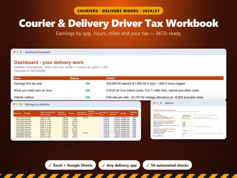 Courier Tax Spreadsheet 2026/27, Delivery Driver Mileage & Expense Tracker UK, Self Employed Rider Earnings, MTD Ready Excel Google Sheets image 1
