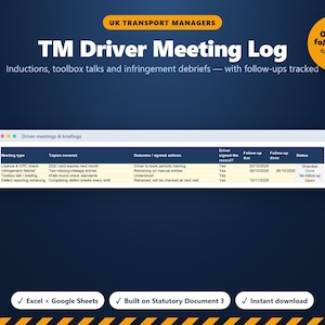 Puede incluir: Una plantilla digital de registro de reuniones de conductores TM para gestores de transporte en el Reino Unido. El documento incluye una tabla para realizar el seguimiento de inducciones, charlas y debriefings con estados.
