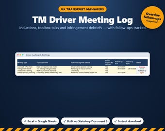 Puede incluir: Una plantilla digital de registro de reuniones de conductores TM para gestores de transporte en el Reino Unido. El documento incluye una tabla para realizar el seguimiento de inducciones, charlas y debriefings con estados.
