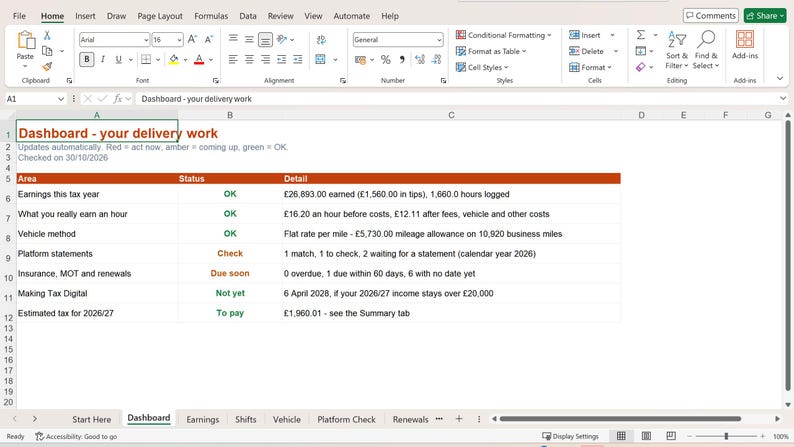 Courier Tax Spreadsheet 2026/27, Delivery Driver Mileage & Expense Tracker UK, Self Employed Rider Earnings, MTD Ready Excel Google Sheets image 2