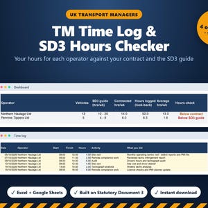 Puede incluir: Un panel de control digital y hoja de cálculo de registro de tiempo para gestores de transporte titulado TM Time Log & SD3 Hours Checker. Muestra datos de operadores, número de vehículos, horas contratadas y horas registradas en tablas.