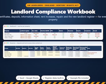 Vermieter-Compliance-Tracker (UK), Mieterrechtegesetz 2026, Gassicherheit, EICR, EPC, Kaution, Vermieterregister, Reparaturen, Excel Google Sheets
