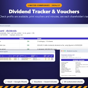 Vorlage und Übersicht für Dividendenbelege 2026/27, Protokolle der Aufsichtsratssitzungen, Dividendensteuerrechner, Tabellenkalkulation für Geschäftsführer von Kapitalgesellschaften (UK) Bild 1