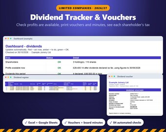 Modèle et suivi des bons de dividendes 2026/27, procès-verbaux du conseil d'administration, calculateur d'impôt sur les dividendes, feuille de calcul pour les administrateurs de sociétés à responsabilité limitée (Royaume-Uni)