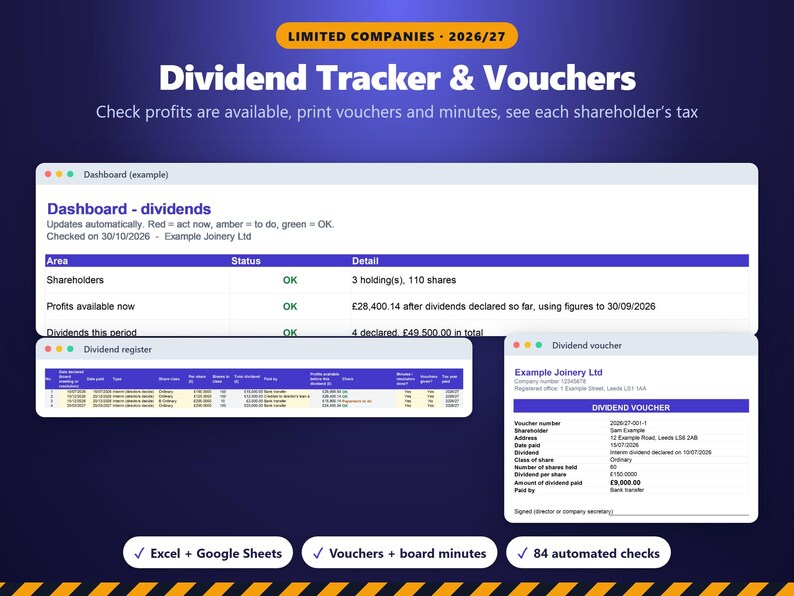 Vorlage und Übersicht für Dividendenbelege 2026/27, Protokolle der Aufsichtsratssitzungen, Dividendensteuerrechner, Tabellenkalkulation für Geschäftsführer von Kapitalgesellschaften (UK) Bild 1